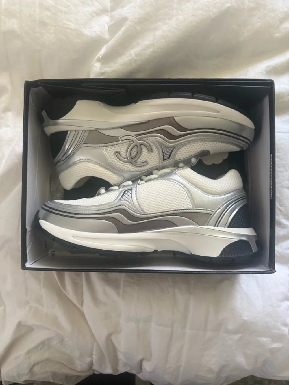 CHANEL Silver & White Mesh Runner Sneakers - Picture 2 of 5